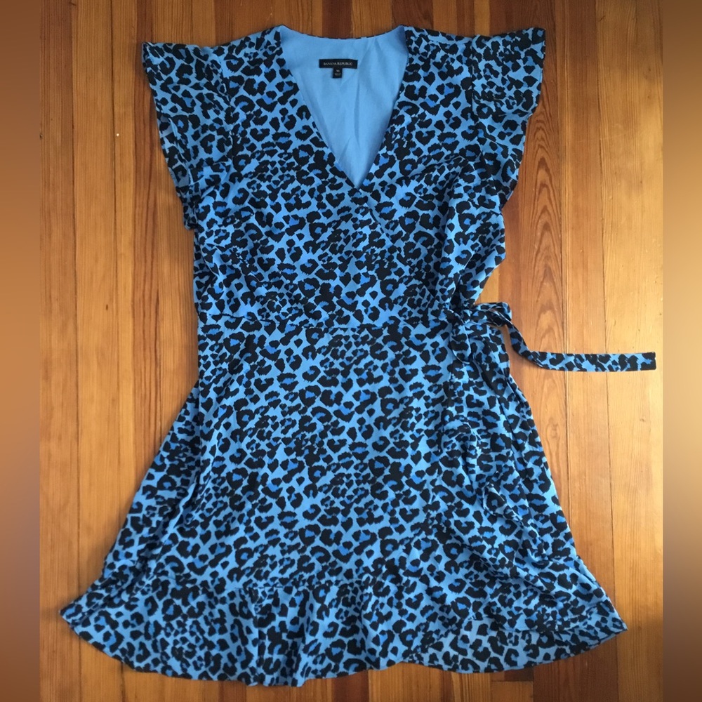 Banana Republic Blue and Black Leopard Faux Wrap Dress